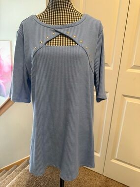 Light Blue Ribbed Top with Front Cutout and Stud Detail